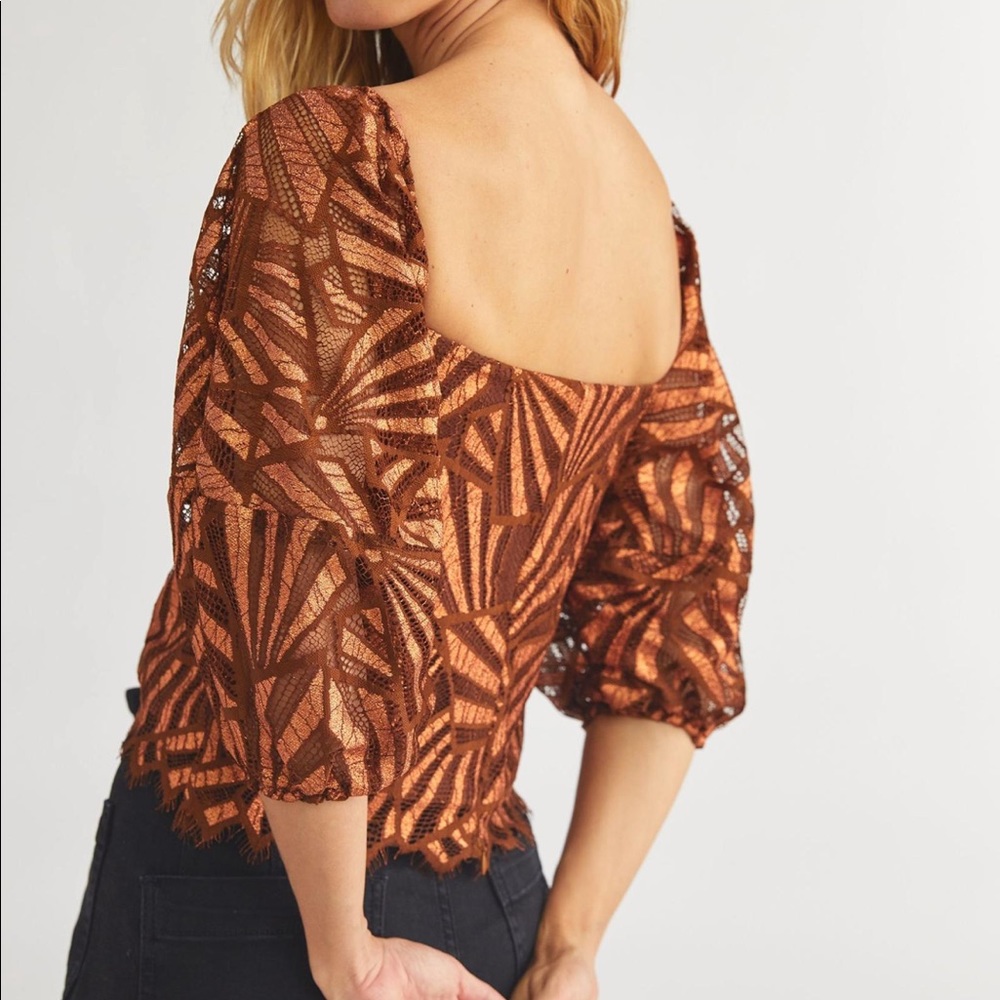 NWT Eva Franco Anthropologie Shine Bronze Lace Puff Sleeve Square Neck Blouse XL - Picture 4 of 13